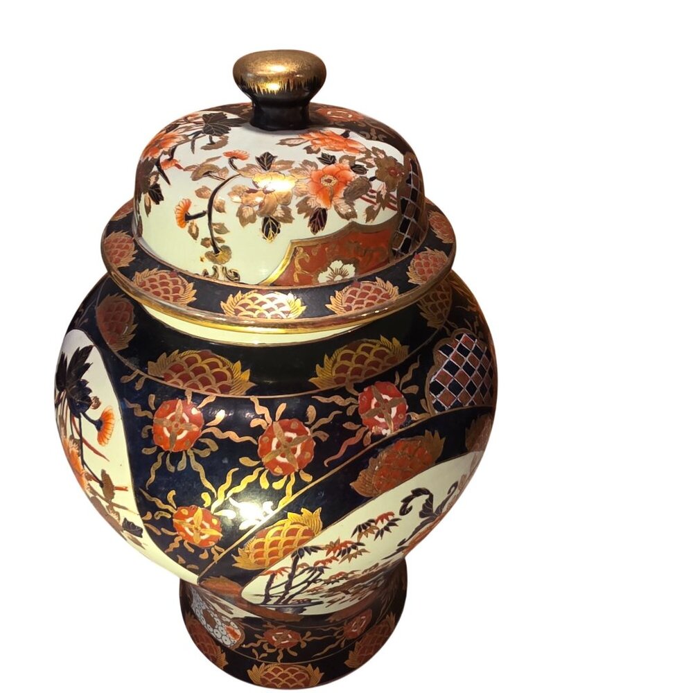 Vintage Imari Style Ginger Jar Porcelain Lidded Vase Hand Painted Floral Decor